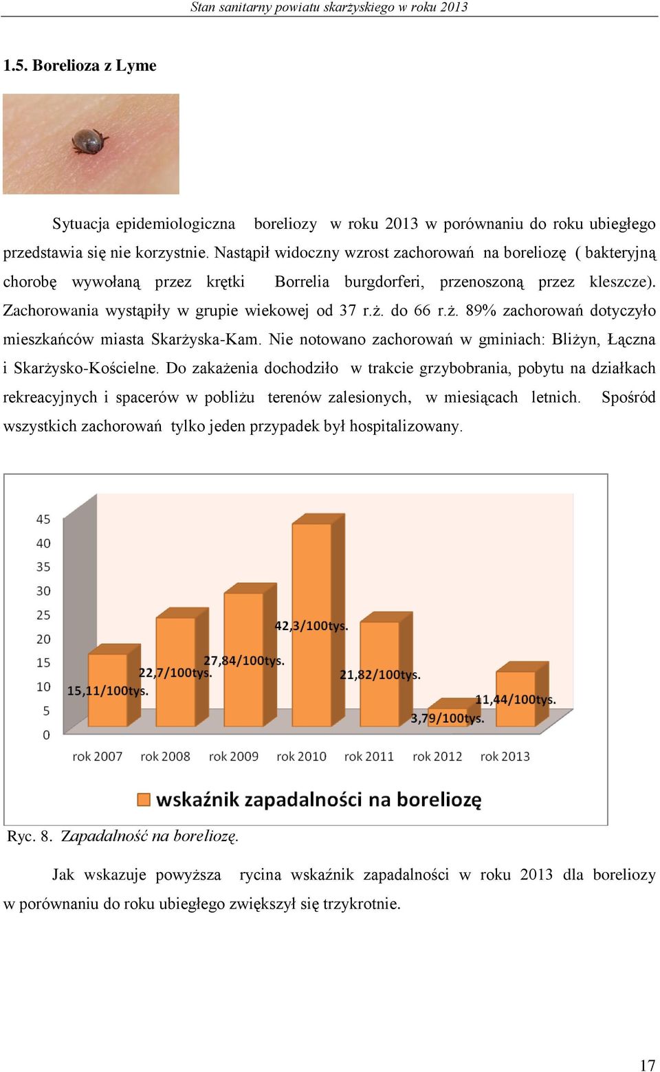 do 66 r.ż. 89% zachorowań dotyczyło mieszkańców miasta Skarżyska-Kam. Nie notowano zachorowań w gminiach: Bliżyn, Łączna i Skarżysko-Kościelne.