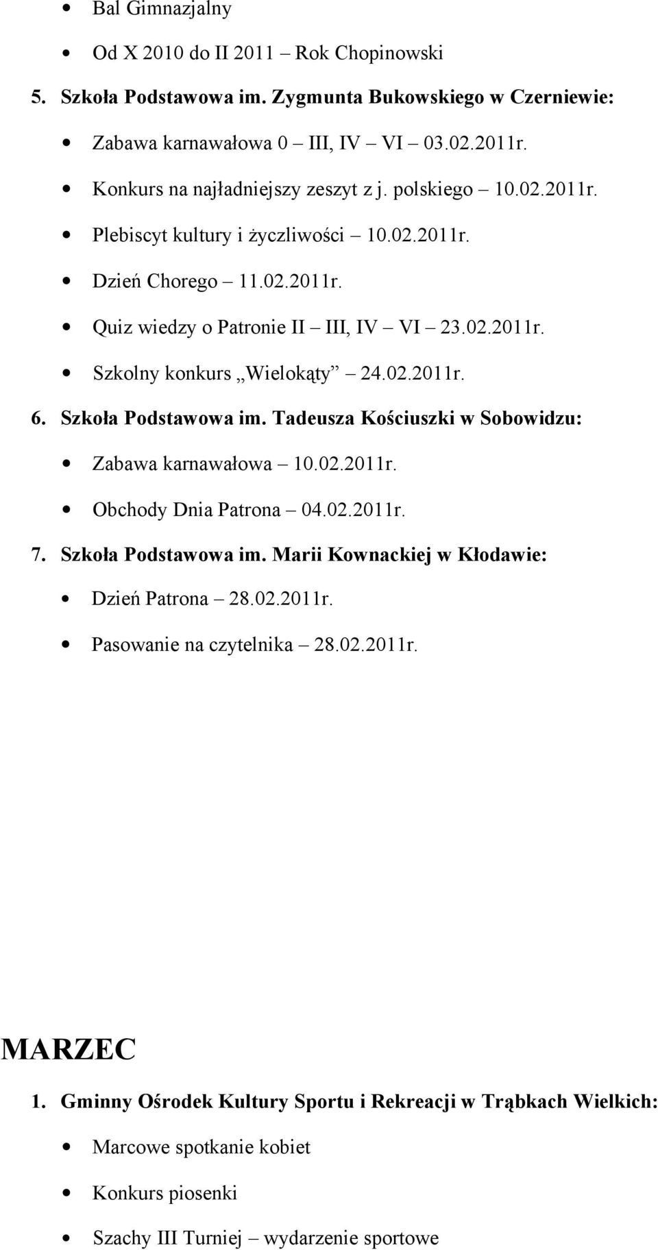 02.2011r. 6. Szkoła Podstawowa im. Tadeusza Kościuszki w Sobowidzu: Zabawa karnawałowa 10.02.2011r. Obchody Dnia Patrona 04.02.2011r. 7. Szkoła Podstawowa im. Marii Kownackiej w Kłodawie: Dzień Patrona 28.