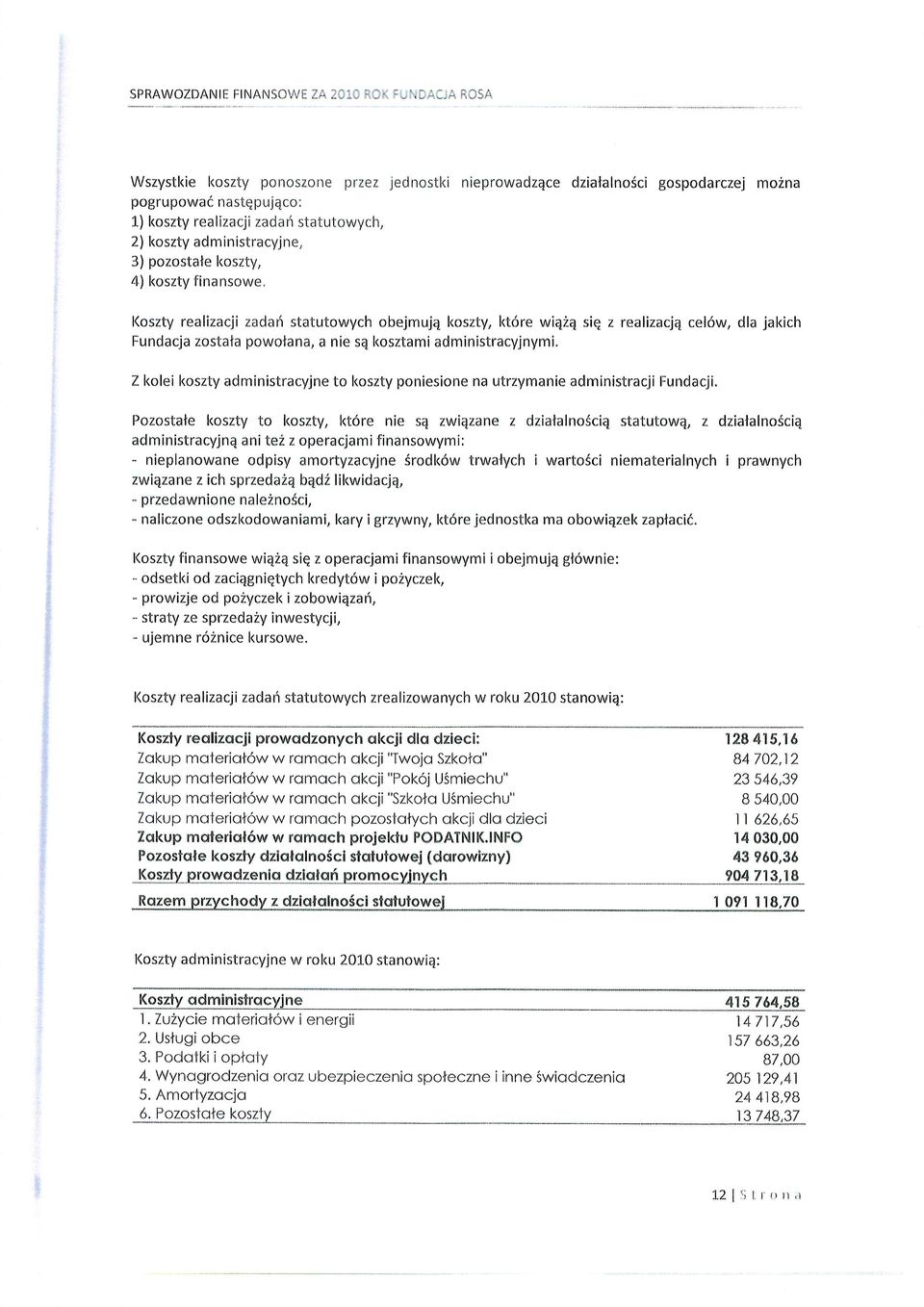 pozostale l<oszty, 4) koszty finansowe, l(oszty realizacji zadari statutowych obejmujq koszty, kt6re wiq2q siq z realizacjq cel6w, dla jakich Fundacja zostaia powoiana, a nie se kosztami