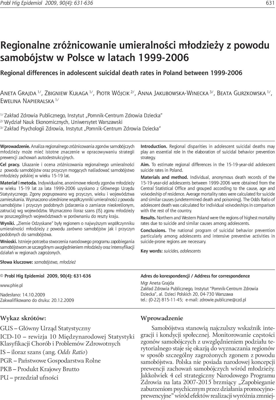 latach 1999-2006 Regional differences in adolescent suicidal death rates in Poland between 1999-2006 Aneta Grajda 1/, Zbigniew Kułaga 1/, Piotr Wójcik 2/, Anna Jakubowska-Winecka 3/, Beata Gurzkowska