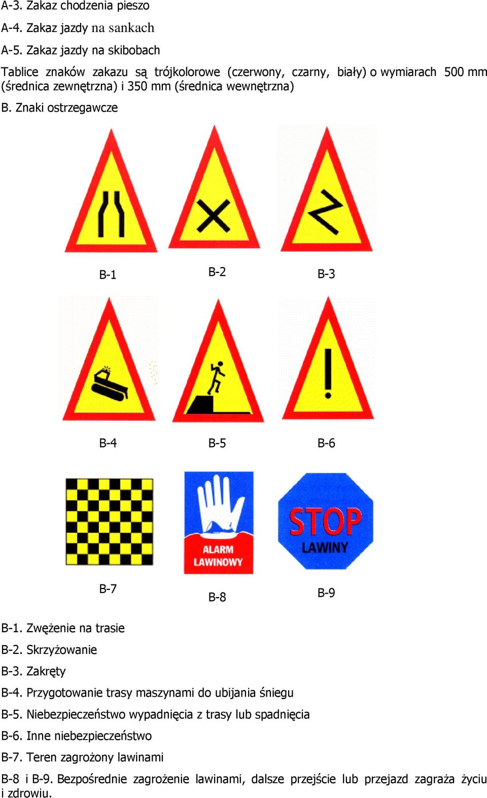 wewnętrzna) B. Znaki ostrzegawcze B-1 B-2 B-3 B-4 B-5 B-6 B-7 B-8 B-9 B-1. Zwężenie na trasie B-2. Skrzyżowanie B-3. Zakręty B-4.