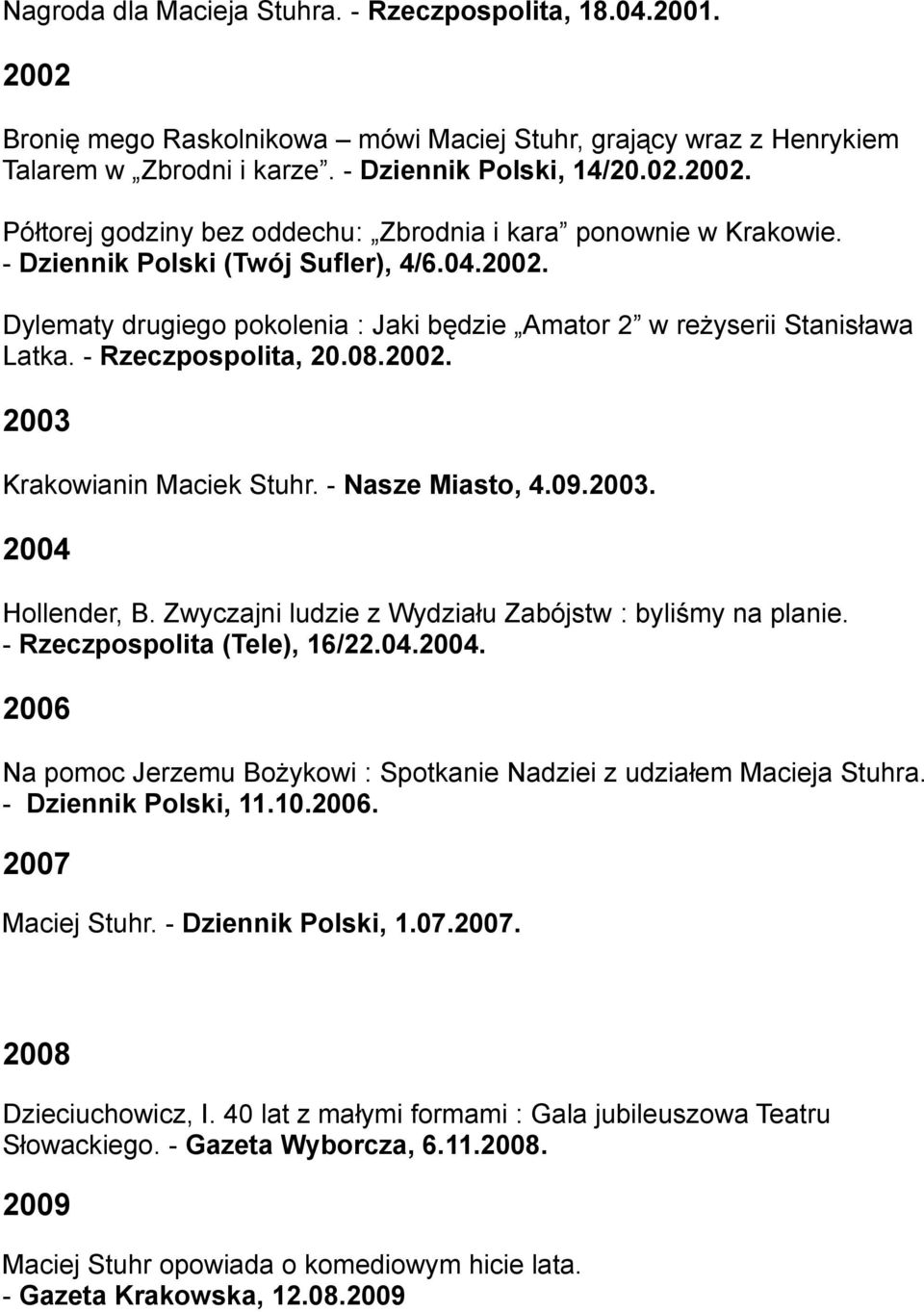 - Nasze Miasto, 4.09.2003. 2004 Hollender, B. Zwyczajni ludzie z Wydziału Zabójstw : byliśmy na planie. - Rzeczpospolita (Tele), 16/22.04.2004. 2006 Na pomoc Jerzemu Bożykowi : Spotkanie Nadziei z udziałem Macieja Stuhra.