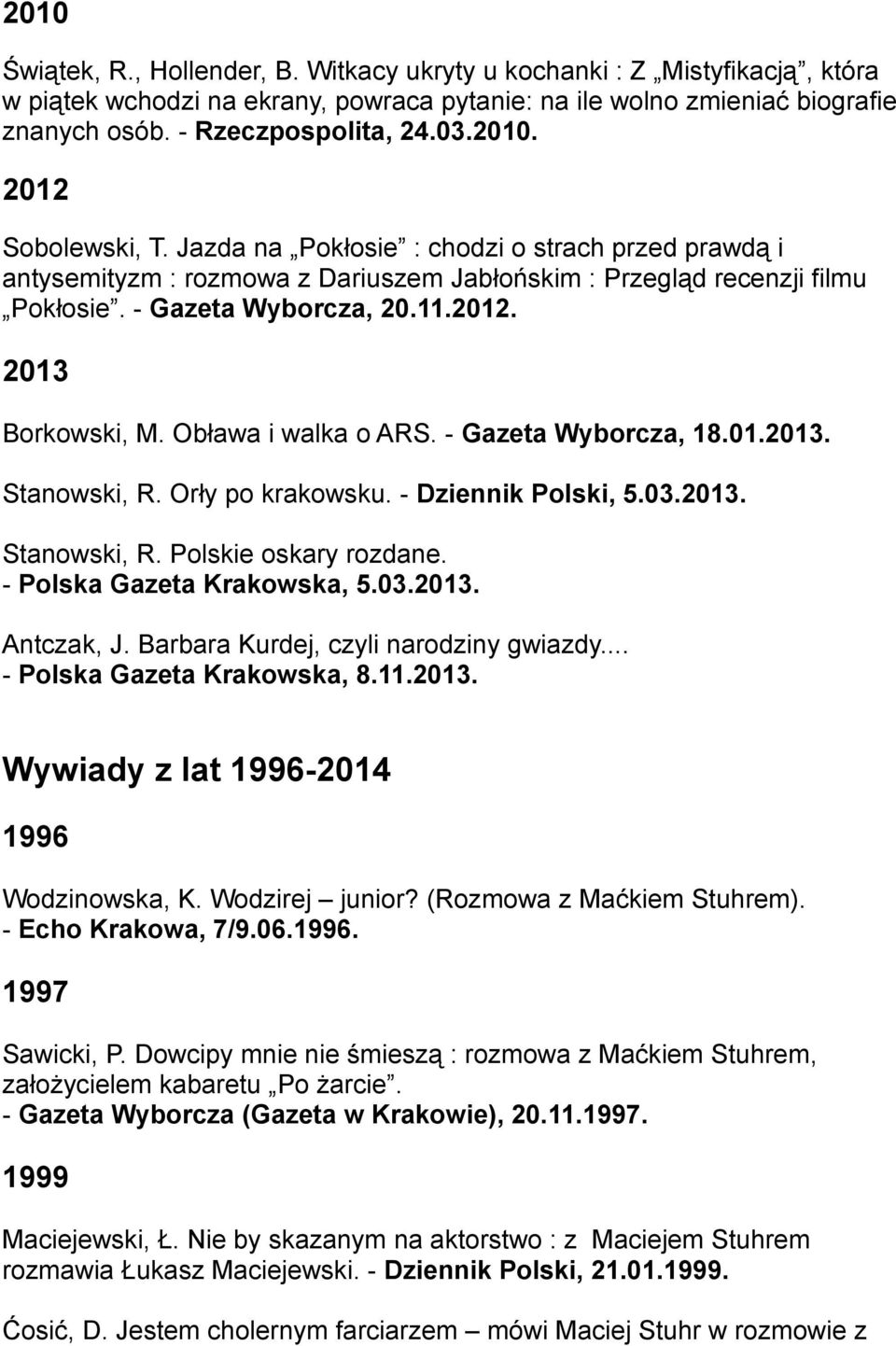 Obława i walka o ARS. - Gazeta Wyborcza, 18.01.2013. Stanowski, R. Orły po krakowsku. - Dziennik Polski, 5.03.2013. Stanowski, R. Polskie oskary rozdane. - Polska Gazeta Krakowska, 5.03.2013. Antczak, J.