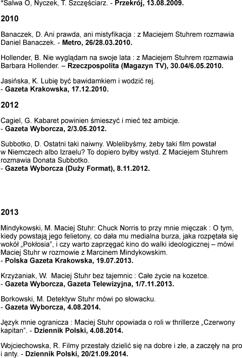 2010. 2012 Cagiel, G. Kabaret powinien śmieszyć i mieć też ambicje. - Gazeta Wyborcza, 2/3.05.2012. Subbotko, D. Ostatni taki naiwny. Wolelibyśmy, żeby taki film powstał w Niemczech albo Izraelu?