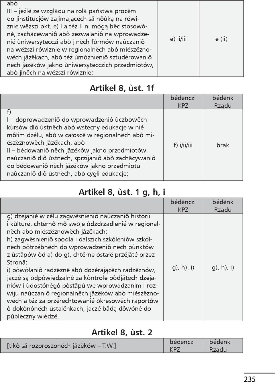 ùmòżnieniô sztudérowaniô nëch jãzëków jakno ùniwersytecczich przedmiotów, abò jinëch na wëższi rówiznie; Artikel 8, ùst.