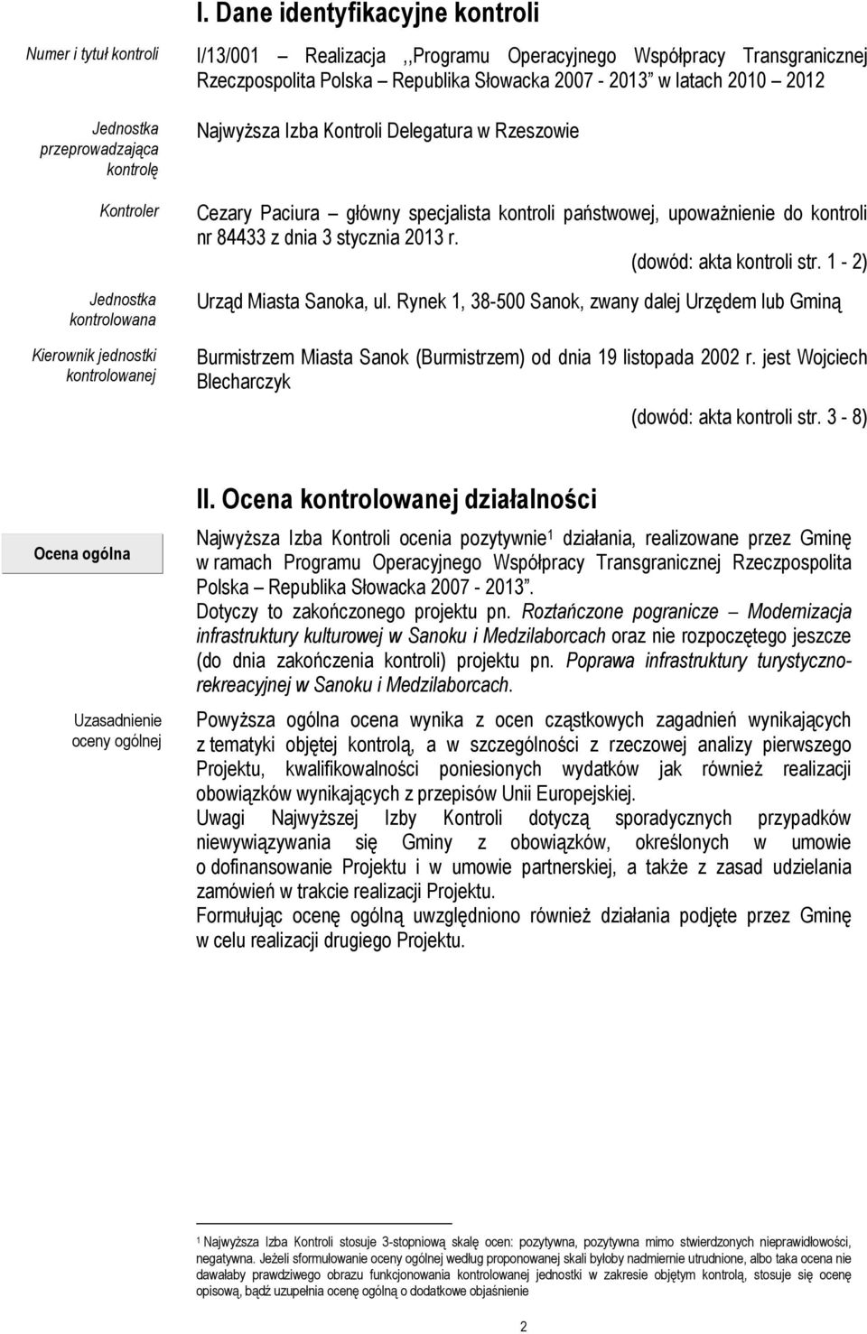 Delegatura w Rzeszowie Cezary Paciura główny specjalista kontroli państwowej, upoważnienie do kontroli nr 84433 z dnia 3 stycznia 2013 r. (dowód: akta kontroli str. 1-2) Urząd Miasta Sanoka, ul.