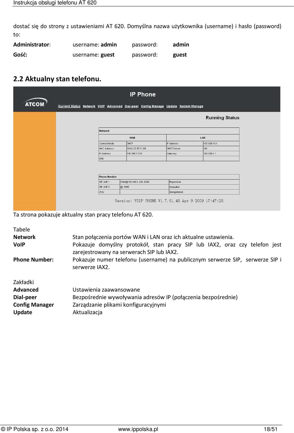 Tabele Network VoIP Phone Number: Zakładki Advanced Dial-peer Config Manager Update Stan połączenia portów WAN i LAN oraz ich aktualne ustawienia.