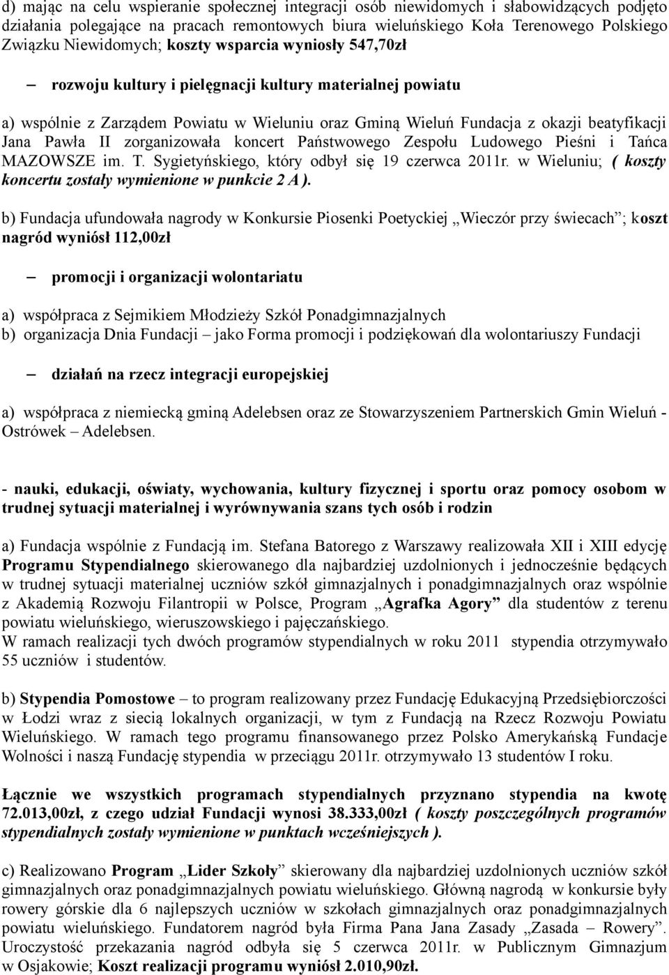 Jana Pawła II zorganizowała koncert Państwowego Zespołu Ludowego Pieśni i Tańca MAZOWSZE im. T. Sygietyńskiego, który odbył się 19 czerwca 2011r.