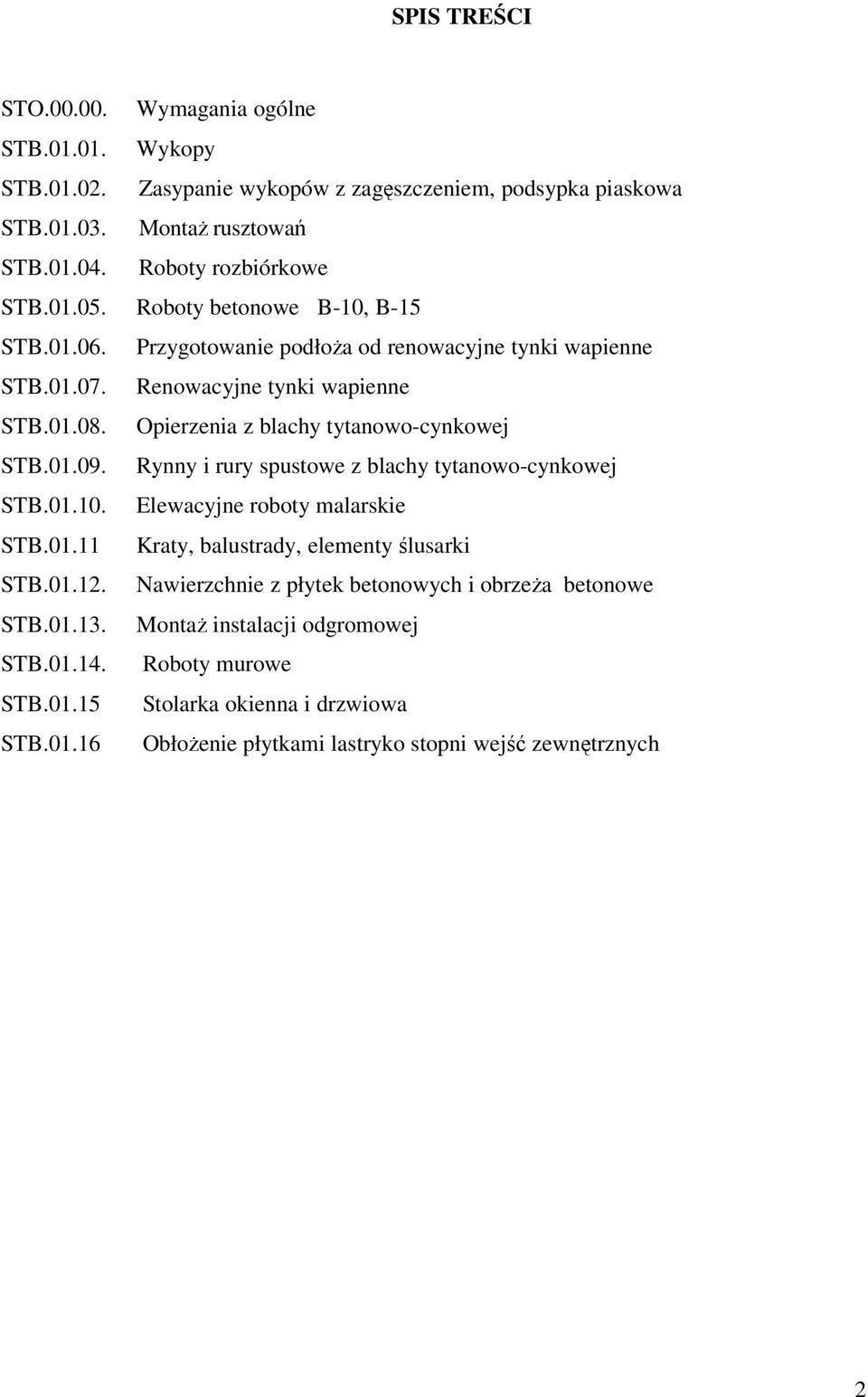 Rynny i rury spustowe z blachy tytanowo-cynkowej STB.01.10. Elewacyjne roboty malarskie STB.01.11 Kraty, balustrady, elementy ślusarki STB.01.12.