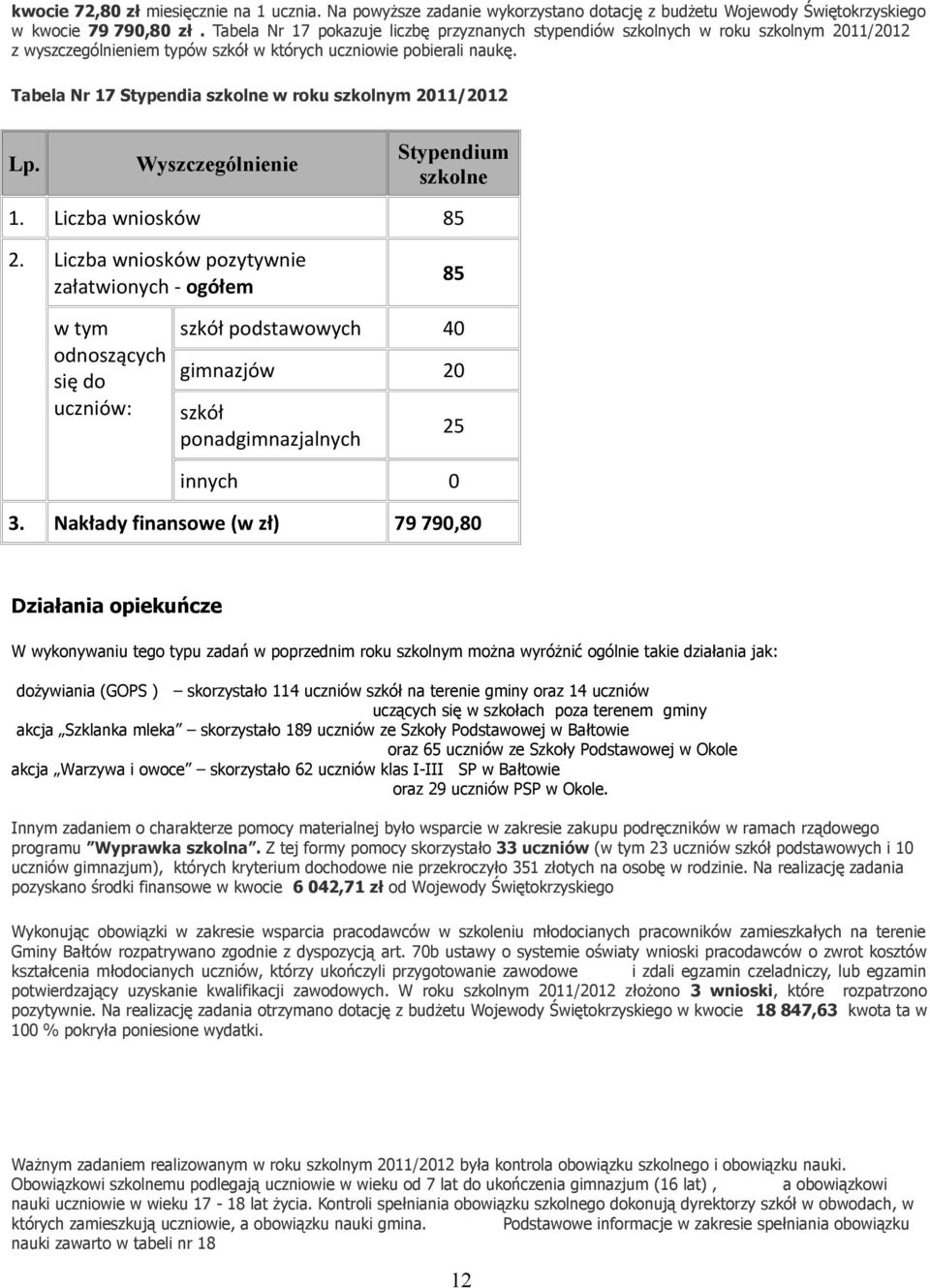 Tabela Nr 17 Stypendia szkolne w roku szkolnym 2011/2012 Lp. Wyszczególnienie Stypendium szkolne 1. Liczba wniosków 85 2.