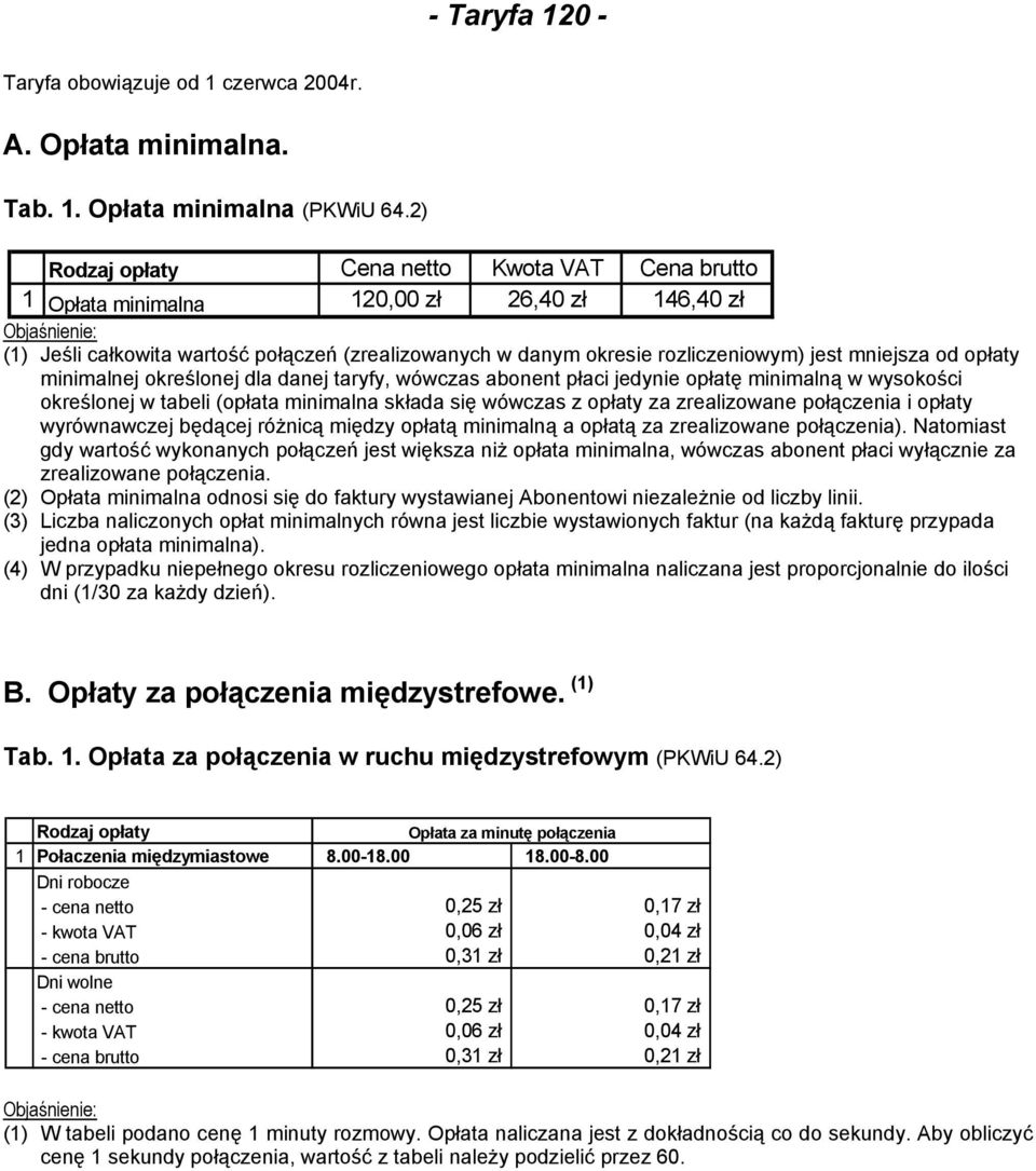 minimalnej określonej dla danej taryfy, wówczas abonent płaci jedynie opłatę minimalną w wysokości określonej w tabeli (opłata minimalna składa się wówczas z opłaty za zrealizowane połączenia i