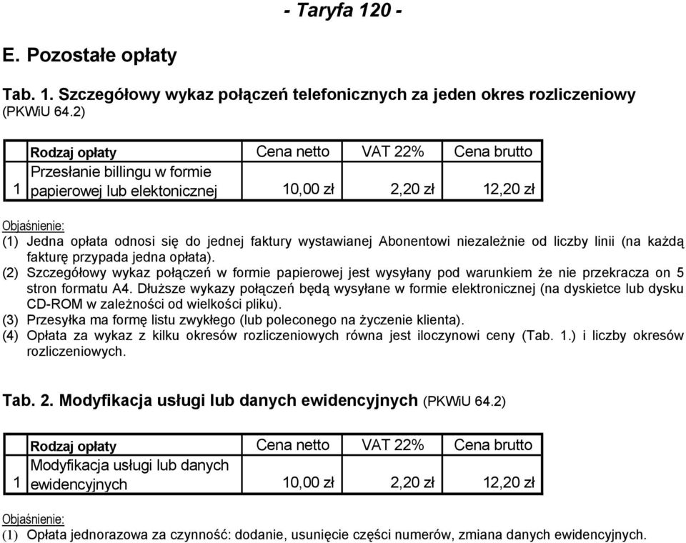 niezależnie od liczby linii (na każdą fakturę przypada jedna opłata). (2) Szczegółowy wykaz połączeń w formie papierowej jest wysyłany pod warunkiem że nie przekracza on 5 stron formatu A4.