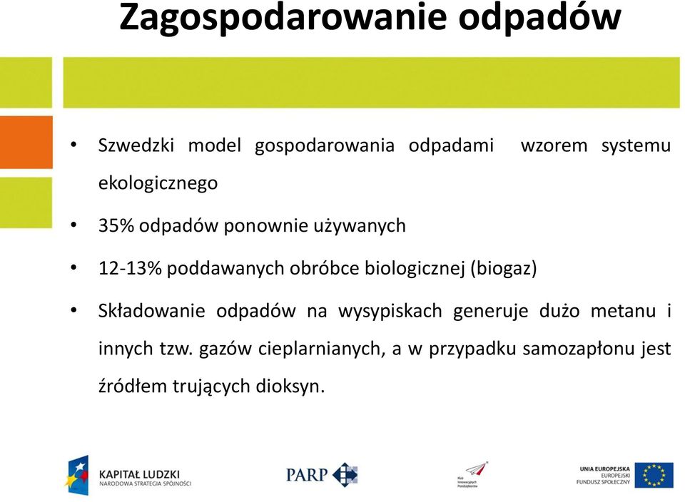 biologicznej (biogaz) Składowanie odpadów na wysypiskach generuje dużo metanu i