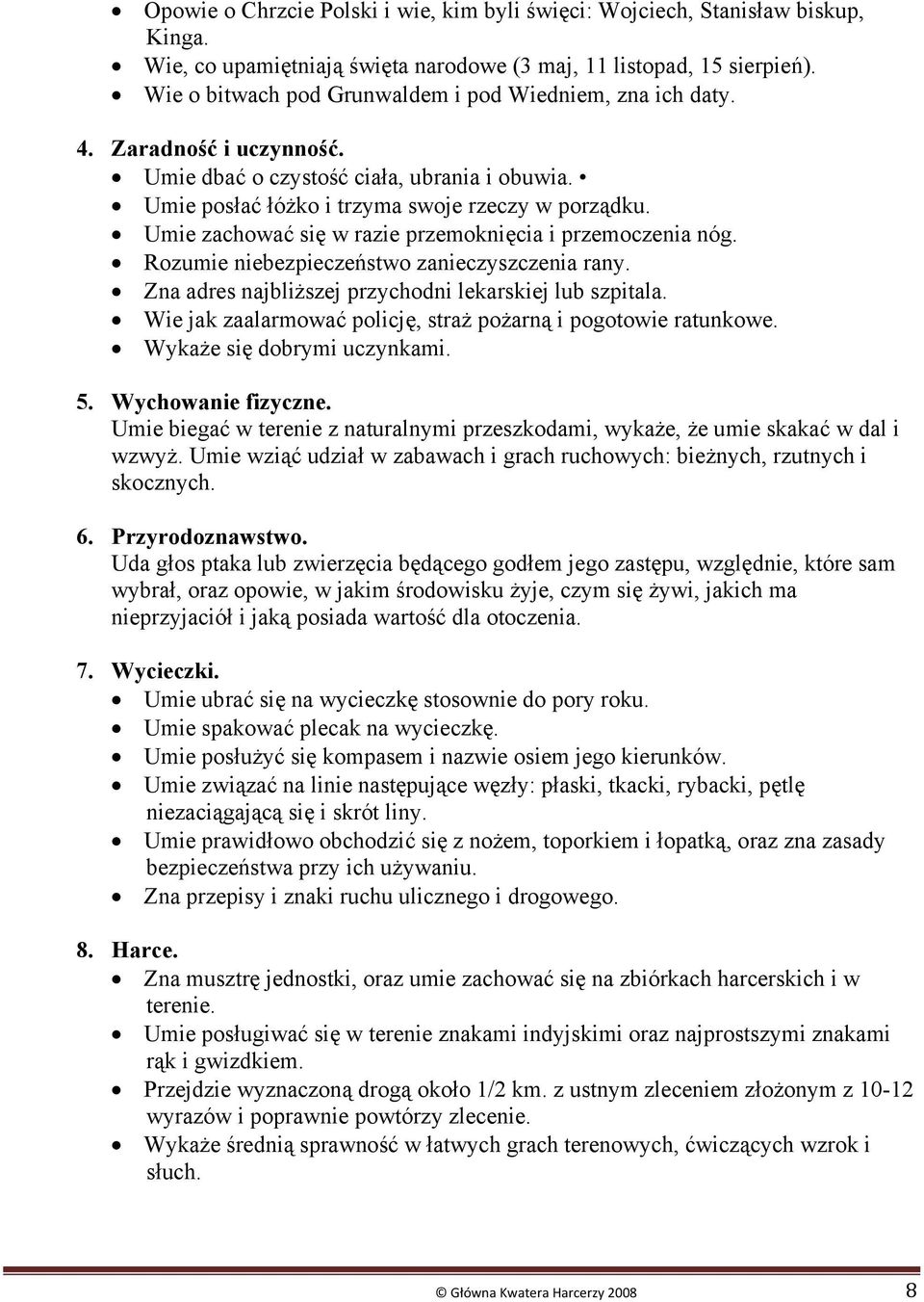 Umie zachować się w razie przemoknięcia i przemoczenia nóg. Rozumie niebezpieczeństwo zanieczyszczenia rany. Zna adres najbliższej przychodni lekarskiej lub szpitala.