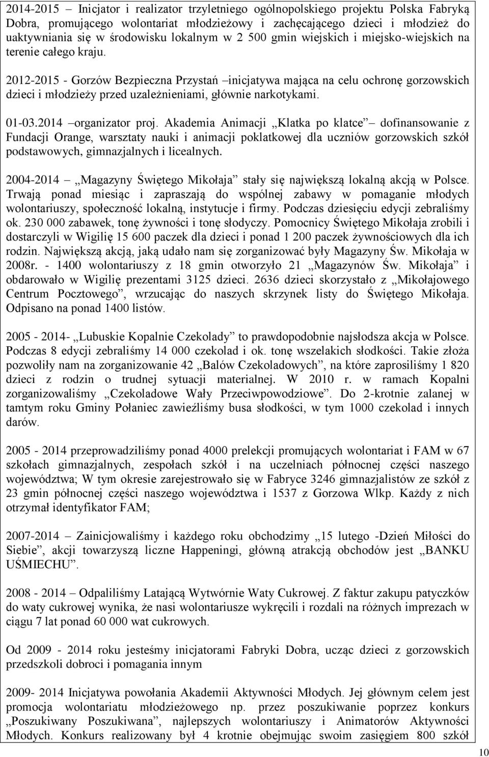 2012-2015 - Gorzów Bezpieczna Przystań inicjatywa mająca na celu ochronę gorzowskich dzieci i młodzieży przed uzależnieniami, głównie narkotykami. 01-03.2014 organizator proj.