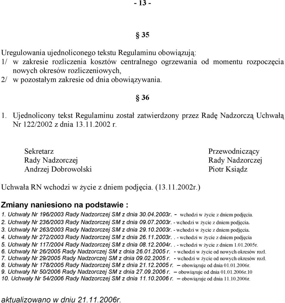 Sekretarz Rady Nadzorczej Andrzej Dobrowolski Przewodniczący Rady Nadzorczej Piotr Ksiądz Uchwała RN wchodzi w życie z dniem podjęcia. (13.11.2002r.) Zmiany naniesiono na podstawie : 1.