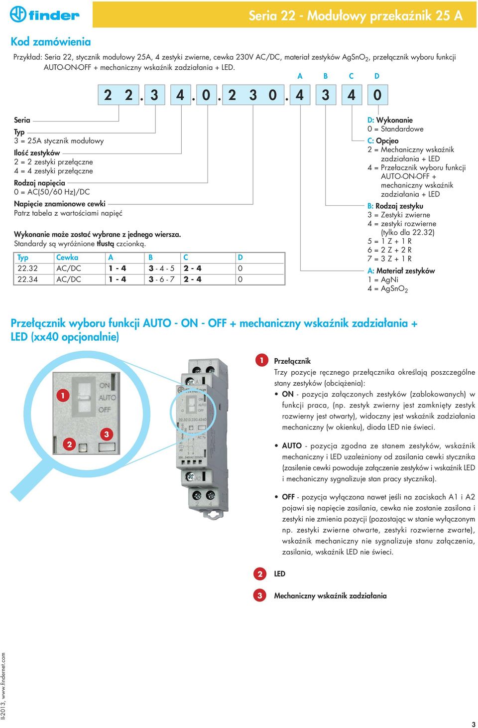 4 3 4 0 Seria Typ 3 = 25 stycznik modułowy IloÊç zestyków 2 = 2 zestyki przełàczne 4 = 4 zestyki przełàczne Rodzaj napi cia 0 = C(50/60 Hz)/DC Napi cie znamionowe cewki Patrz tabela z wartoêciami