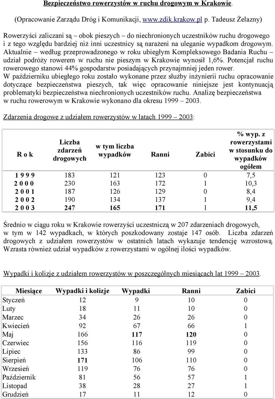 Aktualnie według przeprowadzonego w roku ubiegłym Kompleksowego Badania Ruchu udział podróży rowerem w ruchu nie pieszym w Krakowie wynosił 1,6%.