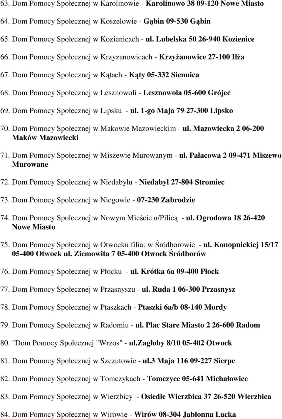 Dom Pomocy Społecznej w Lesznowoli - Lesznowola 05-600 Grójec 69. Dom Pomocy Społecznej w Lipsku - ul. 1-go Maja 79 27-300 Lipsko 70. Dom Pomocy Społecznej w Makowie Mazowieckim - ul.