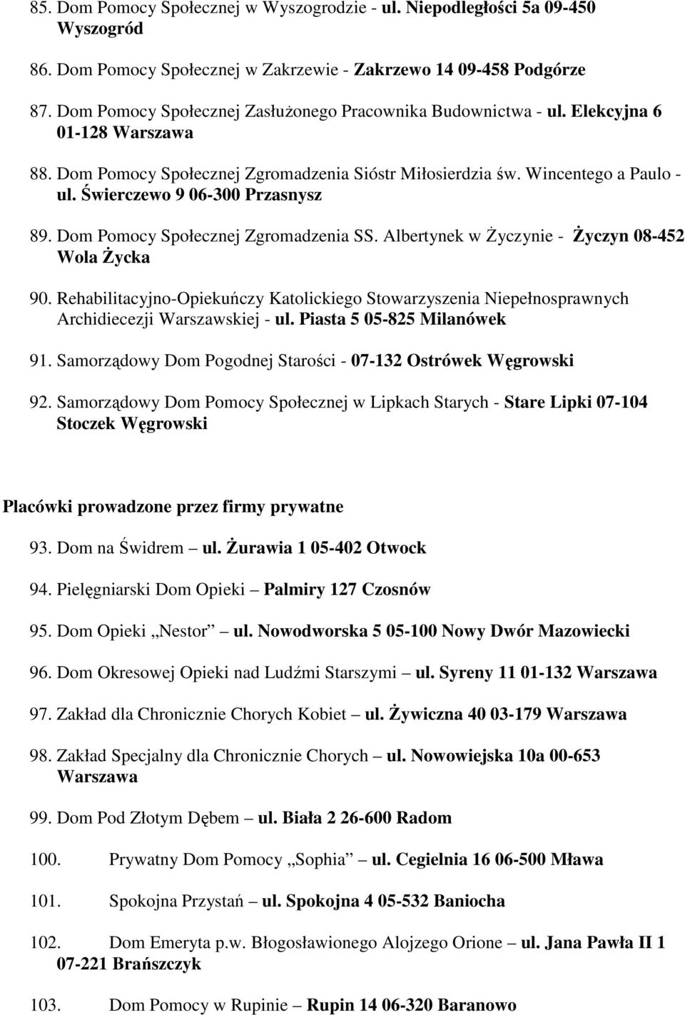 Świerczewo 9 06-300 Przasnysz 89. Dom Pomocy Społecznej Zgromadzenia SS. Albertynek w śyczynie - śyczyn 08-452 Wola śycka 90.