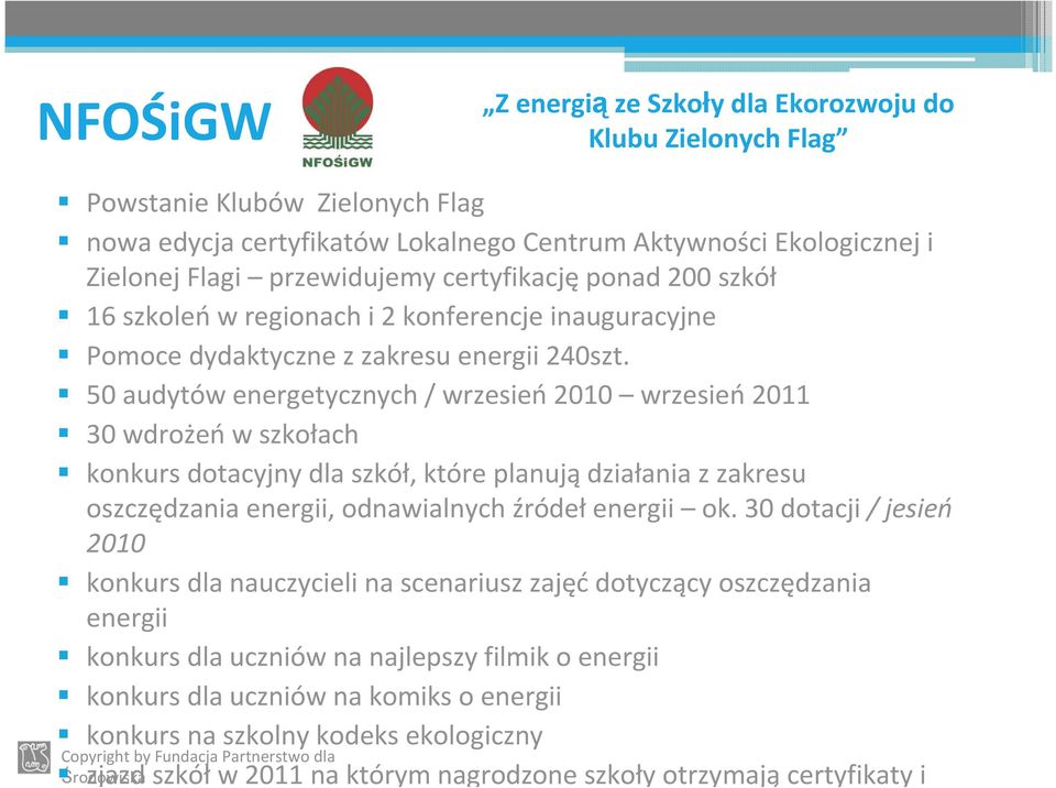 50 audytów energetycznych / wrzesień 2010 wrzesień 2011 30 wdrożeńw szkołach konkurs dotacyjny dla szkół, które planujądziałania z zakresu oszczędzania energii, odnawialnych źródeł energii ok.