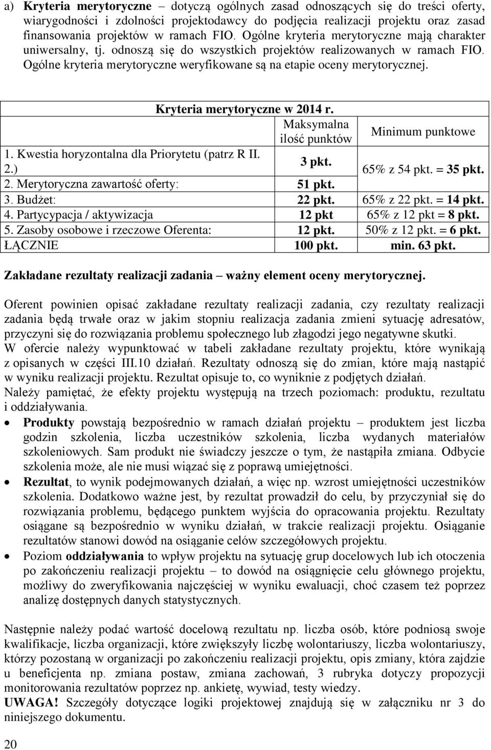 Ogólne kryteria merytoryczne weryfikowane są na etapie oceny merytorycznej. Kryteria merytoryczne w 2014 r. Maksymalna ilość punktów Minimum punktowe 1.