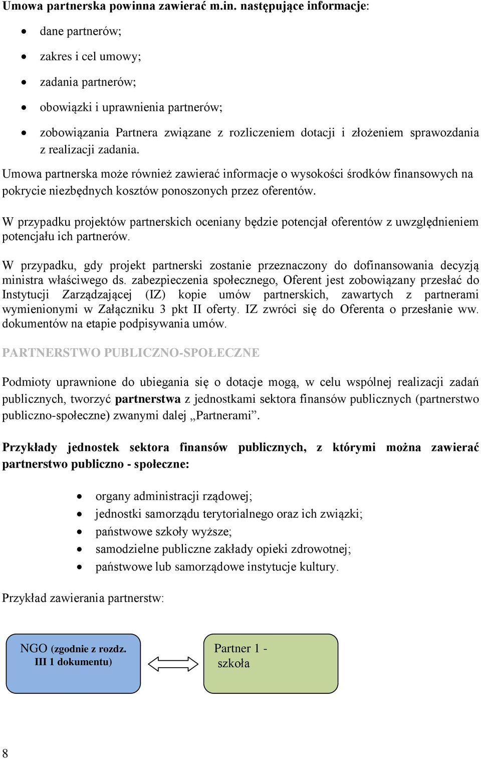 następujące informacje: dane partnerów; zakres i cel umowy; zadania partnerów; obowiązki i uprawnienia partnerów; zobowiązania Partnera związane z rozliczeniem dotacji i złożeniem sprawozdania z