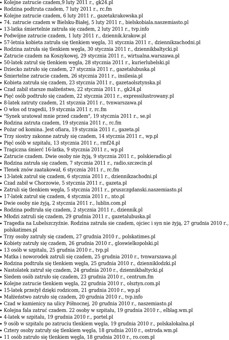 krakow.pl 57-letnia kobieta zatruła się tlenkiem węgla, 31 stycznia 2011 r., dziennikzachodni.pl Rodzina zatruła się tlenkiem węgla, 30 stycznia 2011 r., dziennikbaltycki.