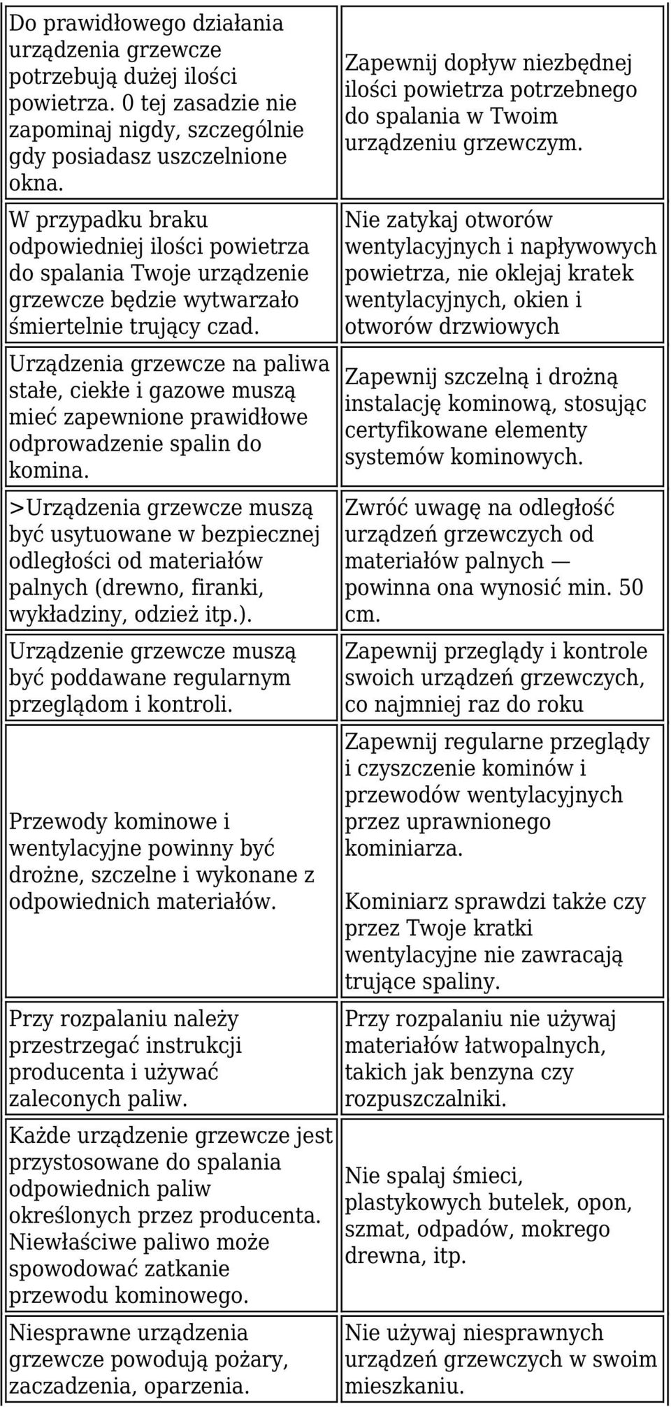 Urządzenia grzewcze na paliwa stałe, ciekłe i gazowe muszą mieć zapewnione prawidłowe odprowadzenie spalin do komina.