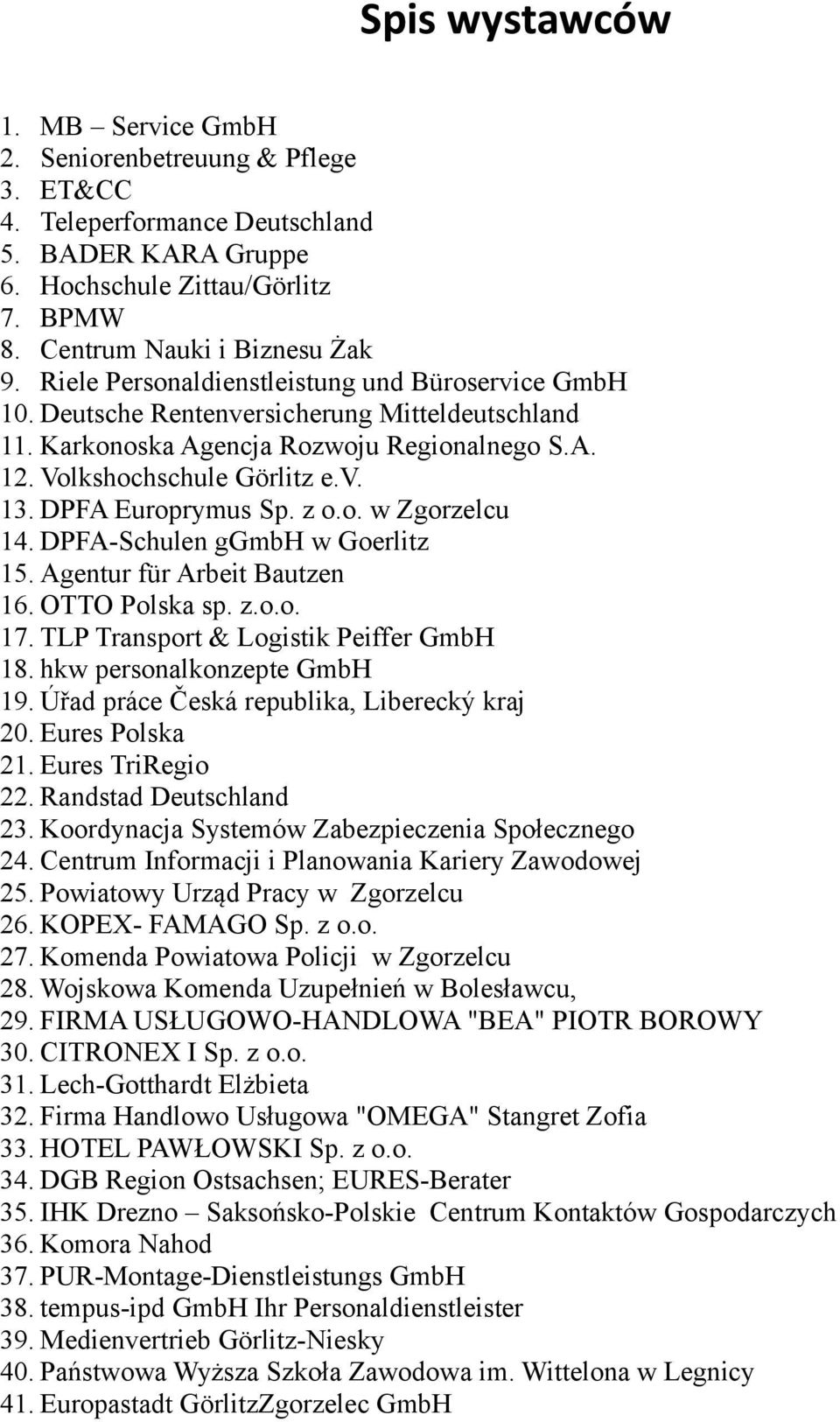 DPFA Europrymus Sp. z o.o. w Zgorzelcu 14. DPFA-Schulen ggmbh w Goerlitz 15. Agentur für Arbeit Bautzen 16. OTTO Polska sp. z.o.o. 17. TLP Transport & Logistik Peiffer GmbH 18.