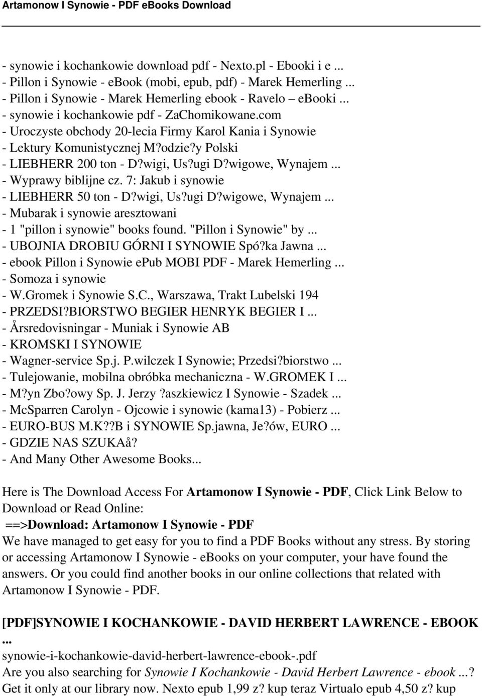 wigowe, Wynajem... - Wyprawy biblijne cz. 7: Jakub i synowie - LIEBHERR 50 ton - D?wigi, Us?ugi D?wigowe, Wynajem... - Mubarak i synowie aresztowani - 1 "pillon i synowie" books found.