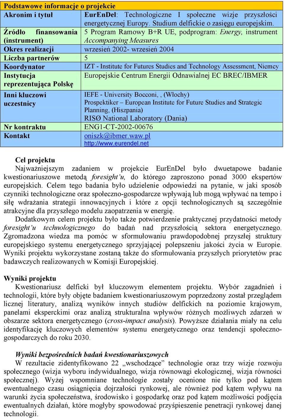 Institute for Futures Studies and Technology Assessment, Niemcy Instytucja Europejskie Centrum Energii Odnawialnej EC BREC/IBMER reprezentująca Polskę Inni kluczowi uczestnicy Nr kontraktu Kontakt