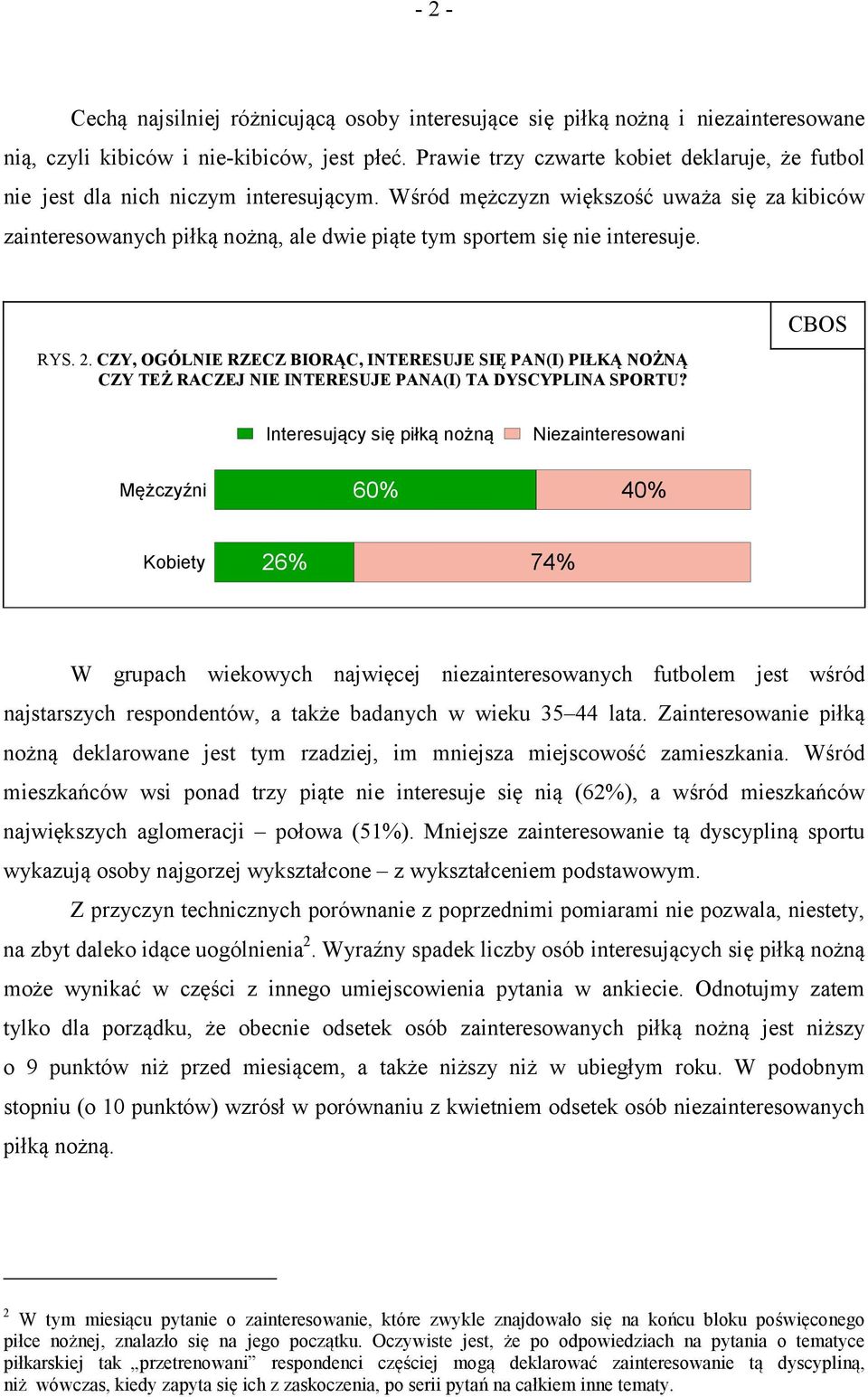 Wśród mężczyzn większość uważa się za kibiców zainteresowanych piłką nożną, ale dwie piąte tym sportem się nie interesuje. RYS. 2.