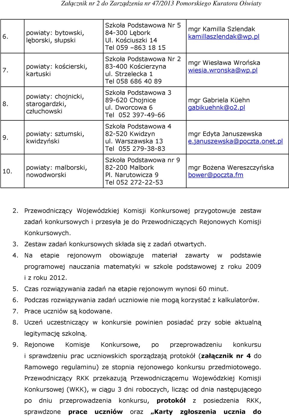 powiaty: chojnicki, starogardzki, człuchowski Szkoła Podstawowa 3 89-620 Chojnice ul. Dworcowa 6 Tel 052 397-49-66 mgr Gabriela Küehn gabikuehnk@o2.pl 9.