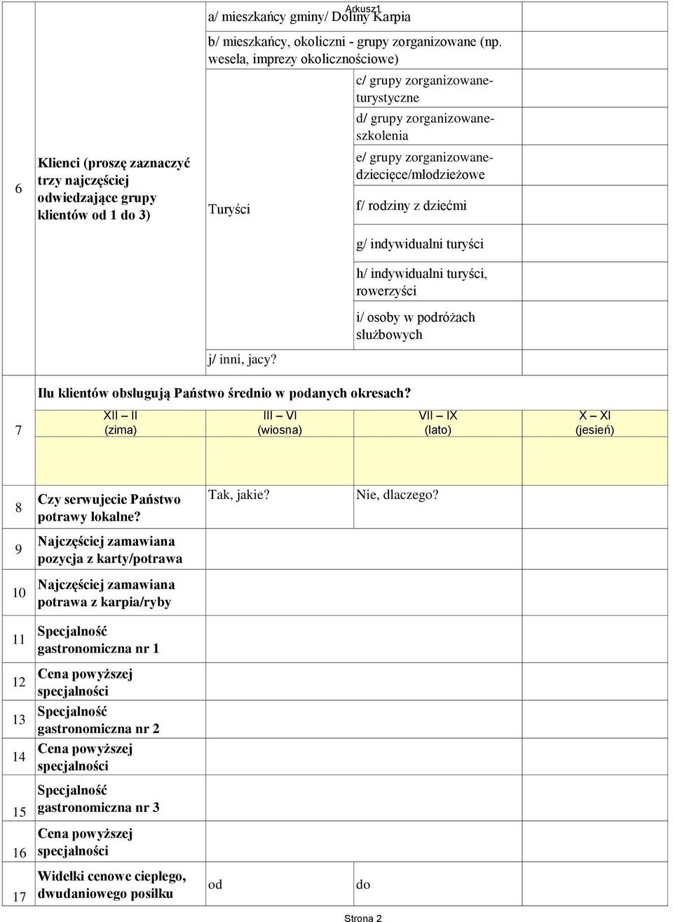 indywidualni turyści, rowerzyści j/ inni, jacy? i/ osoby w podróżach służbowych Ilu klientów obsługują Państwo średnio w podanych okresach?