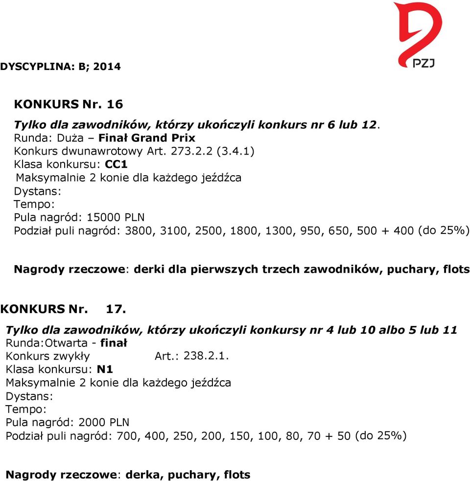 Nagrody rzeczowe: derki dla pierwszych trzech zawodników, puchary, flots KONKURS Nr. 17.