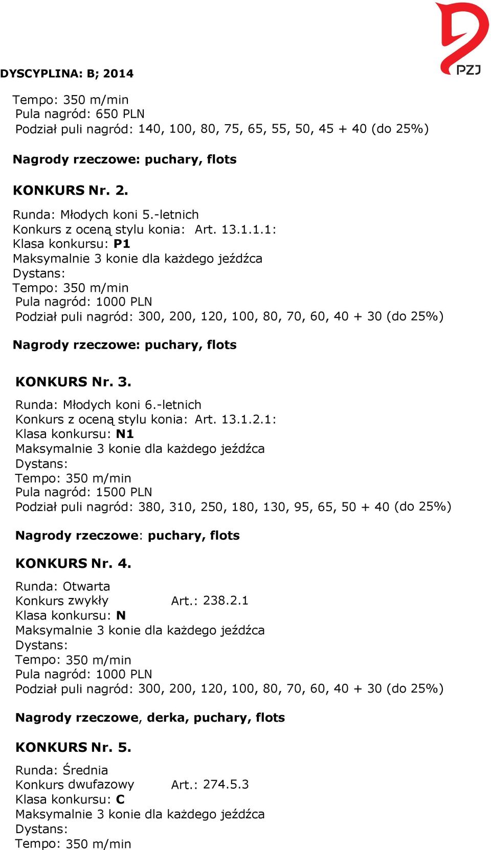 .1.1.1: Klasa konkursu: P1 350 m/min Pula nagród: 1000 PLN Podział puli nagród: 300, 200, 120, 100, 80, 70, 60, 40 + 30 (do 25%) Nagrody rzeczowe: puchary, flots KONKURS Nr. 3. Runda: Młodych koni 6.