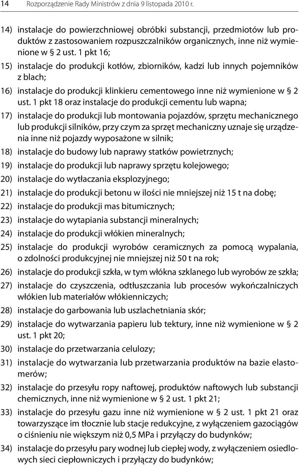 1 pkt 16; 15) instalacje do produkcji kotłów, zbiorników, kadzi lub innych pojemników z blach; 16) instalacje do produkcji klinkieru cementowego inne niż wymienione w 2 ust.