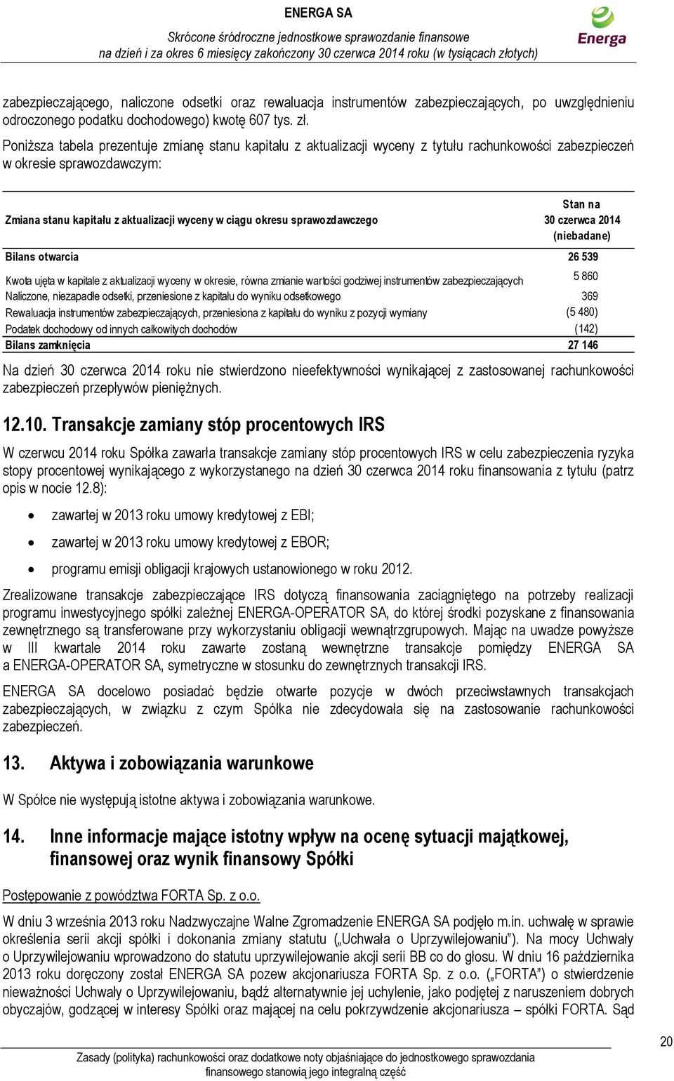 sprawozdawczego Bilans otwarcia 26 539 Kwota ujęta w kapitale z aktualizacji wyceny w okresie, równa zmianie wartości godziwej instrumentów zabezpieczających 5 860 Naliczone, niezapadłe odsetki,