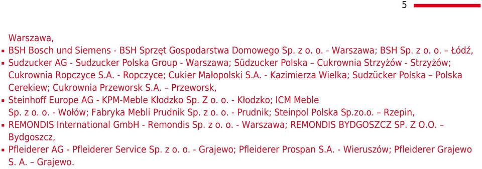 A. - Kazimierza Wielka; Sudzücker Polska Polska Cerekiew; Cukrownia Przeworsk S.A. Przeworsk, Steinhoff Europe AG - KPM-Meble Kłodzko Sp. Z o. o. - Kłodzko; ICM Meble Sp. z o. o. - Wołów; Fabryka Mebli Prudnik Sp.