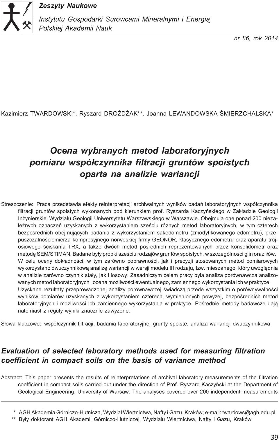 laboratoryjnych wspó³czynnika filtracji gruntów spoistych wykonanych pod kierunkiem prof.