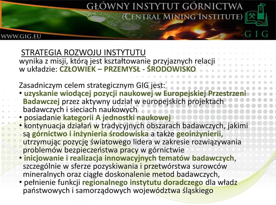 tradycyjnych obszarach badawczych, jakimi są górnictwo i inżynieria środowiska a także geoinżynierii, utrzymując pozycję światowego lidera w zakresie rozwiązywania problemów bezpieczeństwa pracy w