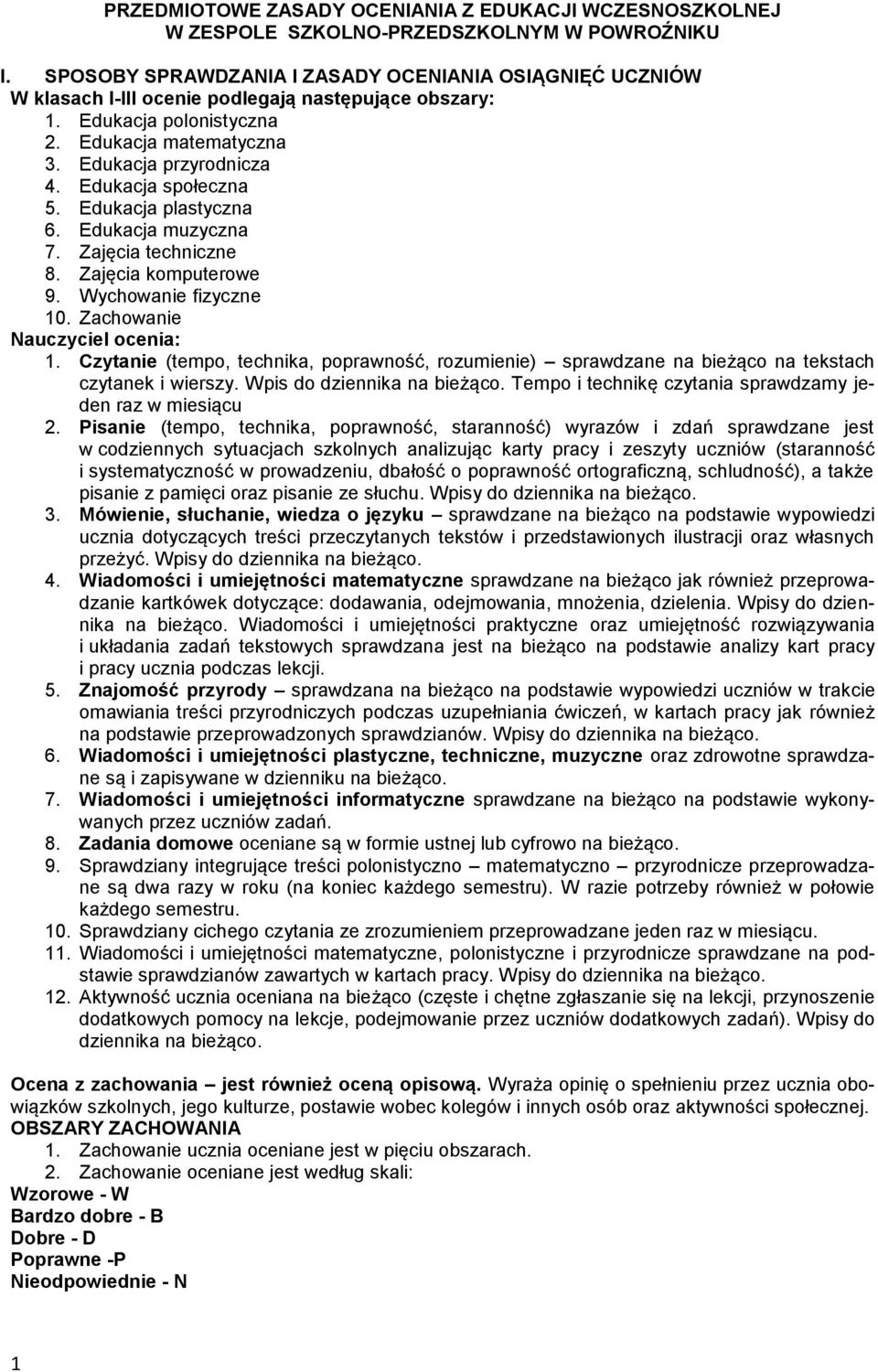 Edukacja społeczna 5. Edukacja plastyczna 6. Edukacja muzyczna 7. Zajęcia techniczne 8. Zajęcia komputerowe 9. Wychowanie fizyczne 10. Zachowanie Nauczyciel ocenia: 1.