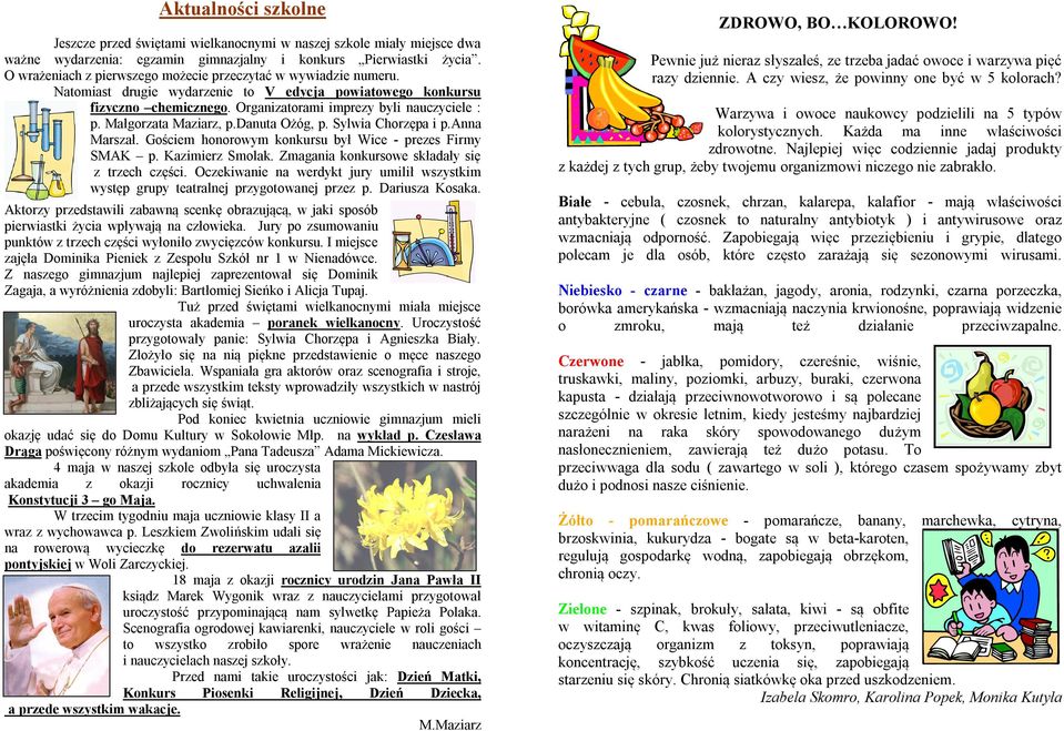 Małgorzata Maziarz, p.danuta Ożóg, p. Sylwia Chorzępa i p.anna Marszał. Gościem honorowym konkursu był Wice - prezes Firmy SMAK p. Kazimierz Smolak. Zmagania konkursowe składały się z trzech części.