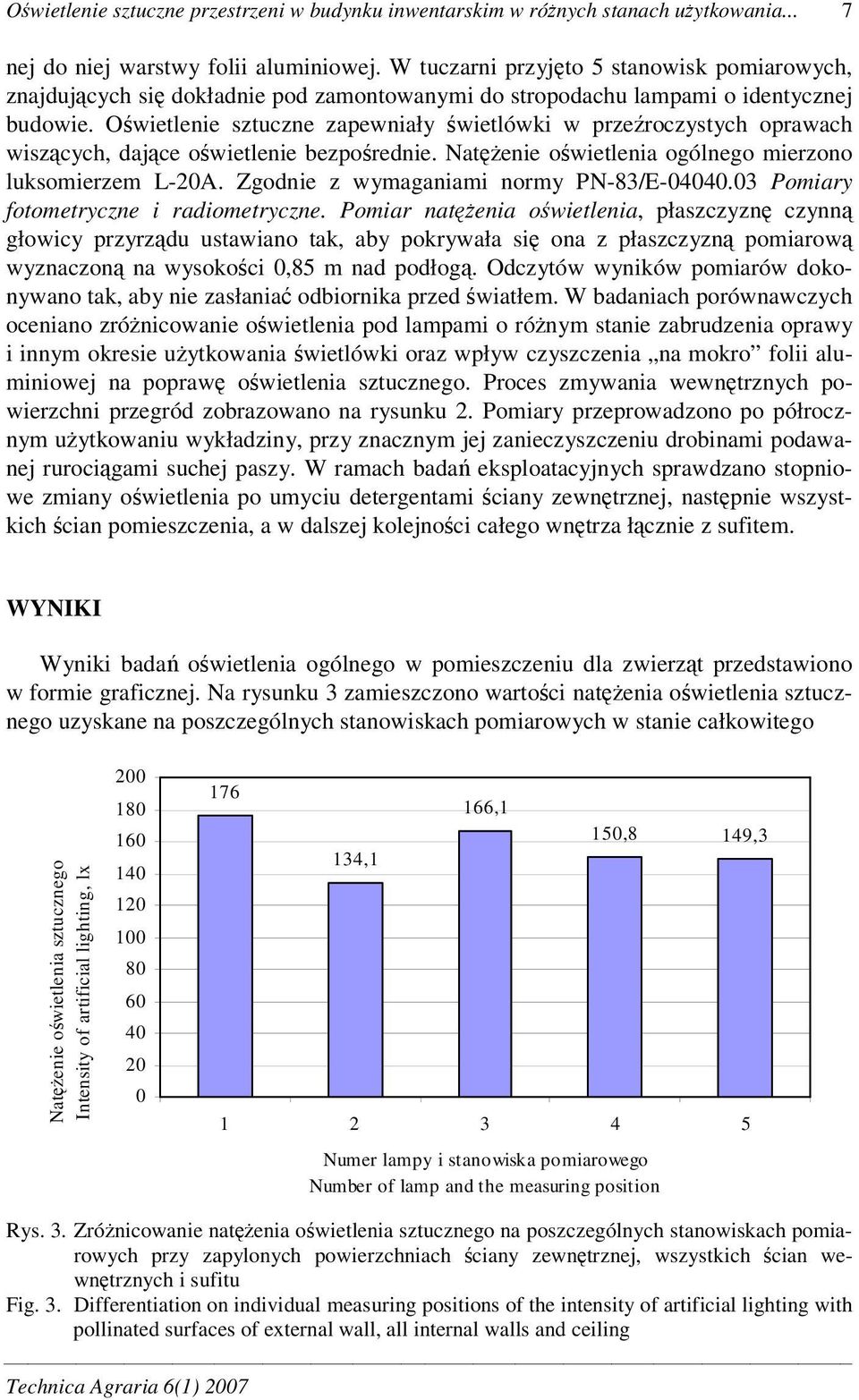 Owietlenie sztuczne zapewniały wietlówki w przeroczystych oprawach wiszcych, dajce owietlenie bezporednie. Natenie owietlenia ogólnego mierzono luksomierzem L-20A.