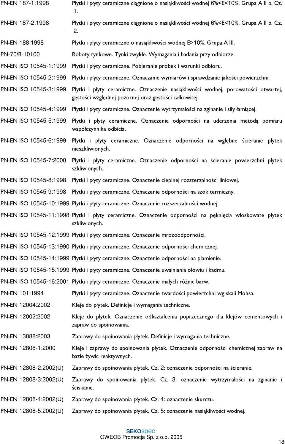 Płytki i płyty ceramiczne o nasiąkliwości wodnej E>10%. Grupa A III. Roboty tynkowe. Tynki zwykłe. Wymagania i badania przy odbiorze. Płytki i płyty ceramiczne. Pobieranie próbek i warunki odbioru.