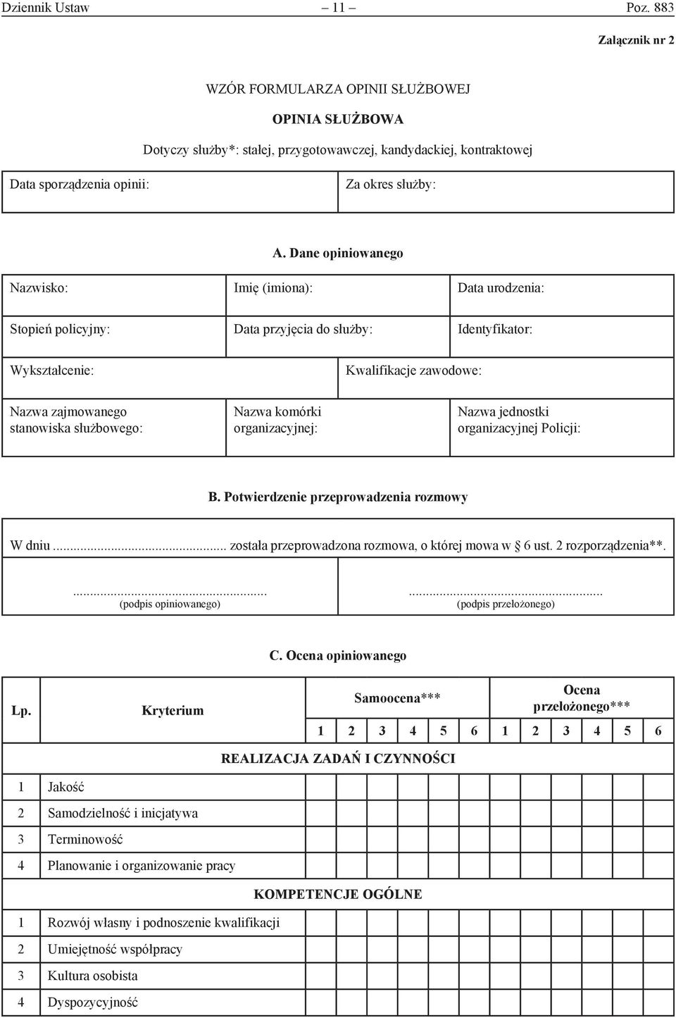 Nazwa komórki organizacyjnej: Nazwa jednostki organizacyjnej Policji: B. Potwierdzenie przeprowadzenia rozmowy W dniu... została przeprowadzona rozmowa, o której mowa w ust. rozporządzenia**.