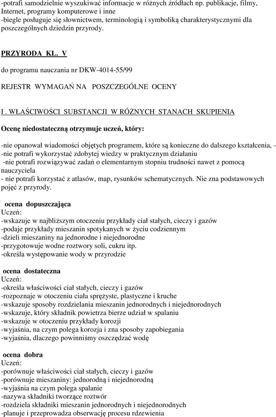 V do programu nauczania nr DKW-4014-55/99 REJESTR WYMAGAŃ NA POSZCZEGÓLNE OCENY I.