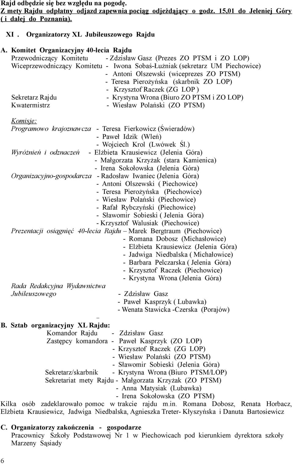 (wiceprezes ZO PTSM) - Teresa Pierożyńska (skarbnik ZO LOP) - Krzysztof Raczek (ZG LOP ) Sekretarz Rajdu - Krystyna Wrona (Biuro ZO PTSM i ZO LOP) Kwatermistrz - Wiesław Polański (ZO PTSM) Komisje: