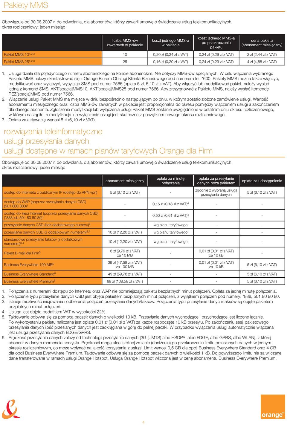 Nie dotyczy MMS-ów specjalnych. W celu włączenia wybranego Pakietu MMS należy skontaktować się z Orange Biurem Obsługi Klienta Biznesowego pod numerem tel. *600.